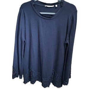 Soft Surroundings size L navy blue long sleeve lace trim raw edge tunic sweater